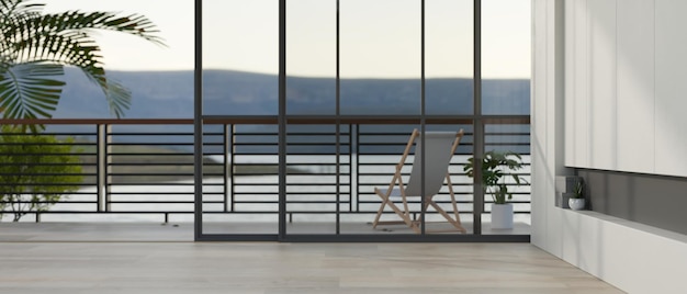an empty room in modern contemporary interior style with a beach chair on a balcony