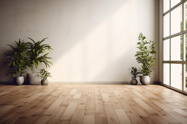 木の床に植物のあるモダンな現代的なロフトの空の部屋