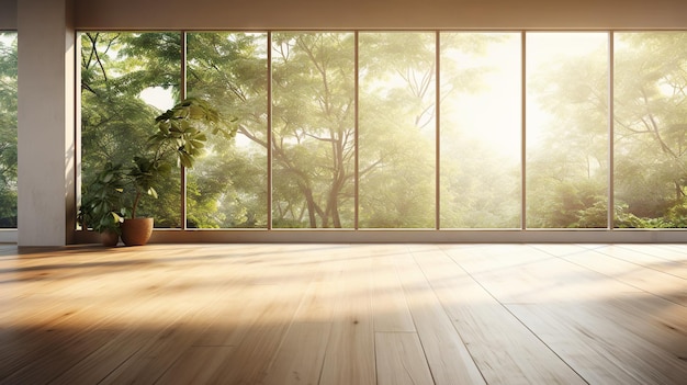 Empty room of modern loft with wooden floor and large windows to garden Copy space Generative AI