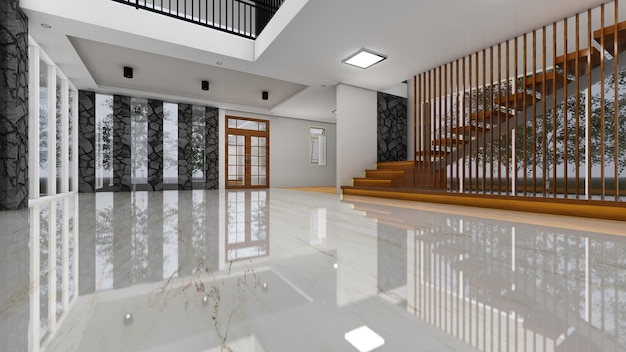 Photo empty room of modern minimalist style house and wide window opening to the terrace 3d rendering