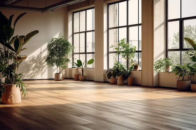 Фото Пустая комната современного лофта с растениями на деревянном полу