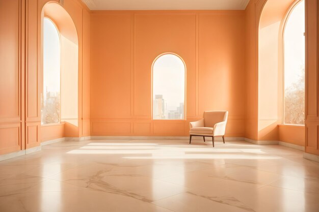 Empty room in pastel orange with calacatta marble floors