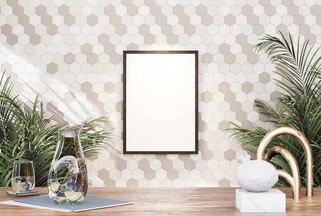 Empty room photo frame with tile wall interior background image