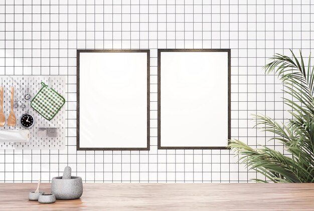 Empty room photo frame with tile wall interior background image