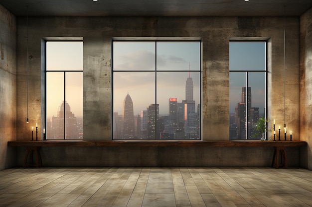 Empty room in a skyscraper with a view of the evening city from above