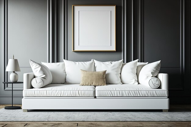 Foto modello di stanza vuota per designer divano bianco contro un muro con cornice vuota ai generativa