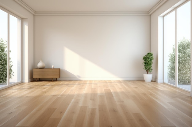 Empty room and wall and wooden floor with interesting with glare from the window Interior background for the presentation Generative AI