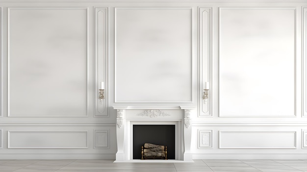 Foto camera vuota parete bianca con molding e pavimento in marmo solo pavimento a parete e camino decorativo 3d