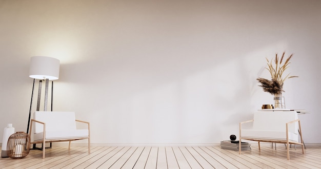 Empty room - white wall on wood floor interior and decorations plants. 3D rendering