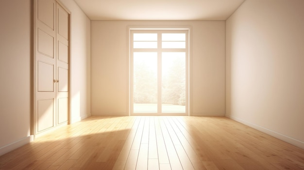 사진 큰 창문과 나무 바닥이 있는 빈 방.