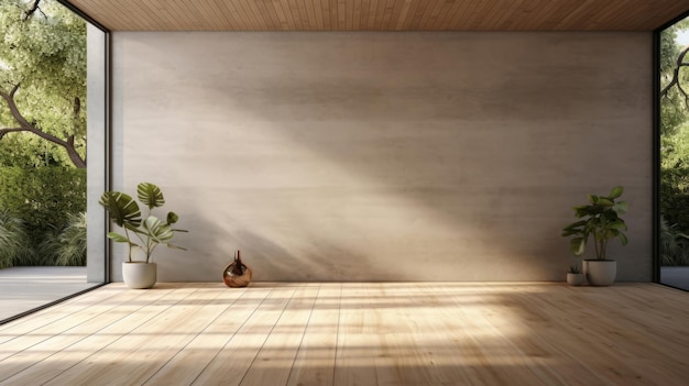 Empty room with beige walls wooden floor with plants and window interior design mockup