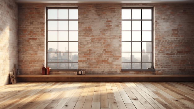 写真 柔らかい影の明るいレンガの壁と木製の床の背景の大きな窓のある空の部屋
