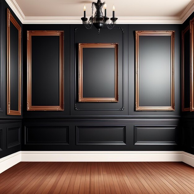 empty room with black walls and floor parquet floor 3 d renderingempty room with classic wooden fl