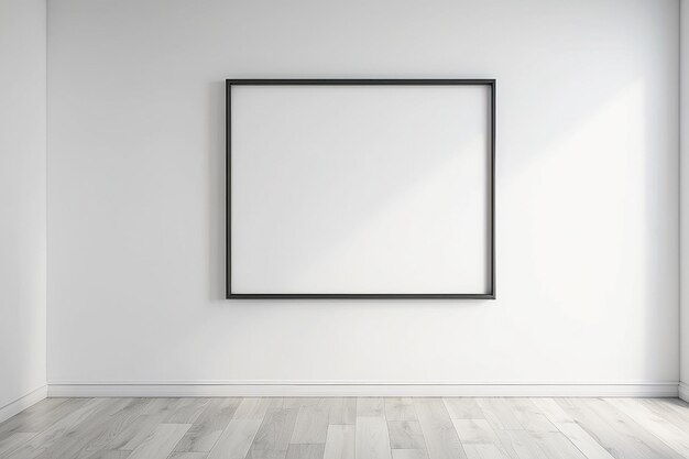 Empty room with a blank frame mockup on a white wall