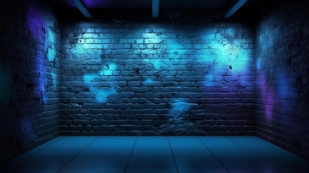 An empty room with blue lighting and exposed brick wall Generative ai