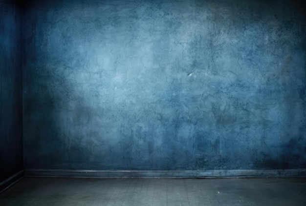 An empty room with a blue wall and a white floor