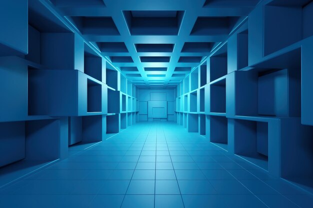 An empty room with blue walls and shelves generative ai