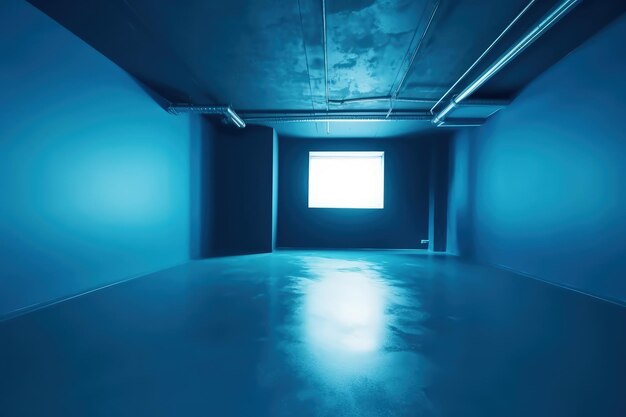 Пустая комната с голубыми стенами и окном, генерирующим искусственный интеллект