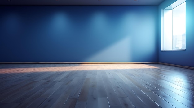 Empty room with blue walls wooden floor and large windows Ai Generative