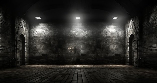 An empty room with brick walls and a spotligh