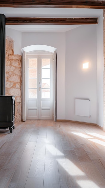 Empty room with bright light and a fireplace Natural texture and minimalist interior design