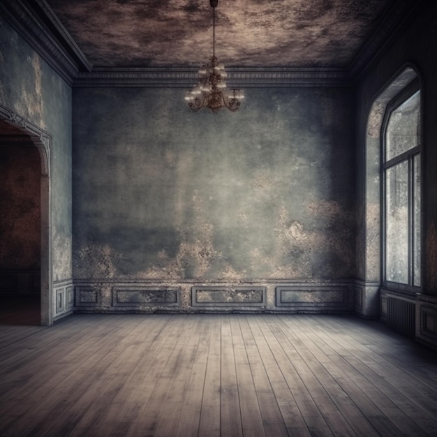 An empty room with a chandelier hanging from the ceiling.