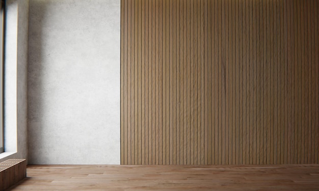 empty room with concrete cement wall and wood panels wall background architecture and interior concept 3d illustration rendering