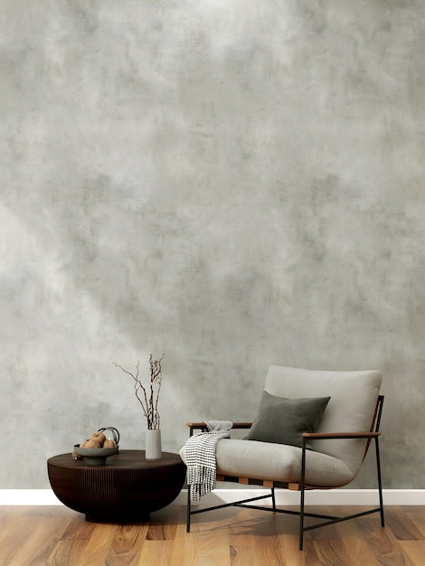 Empty room with concrete wall, white single chair, and rattan\
round table.