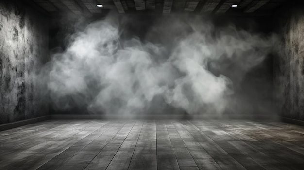 A empty room with a dark background and a smoke on the floor