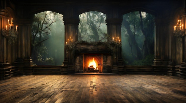 An empty room with a fireplace and some wooden flooring