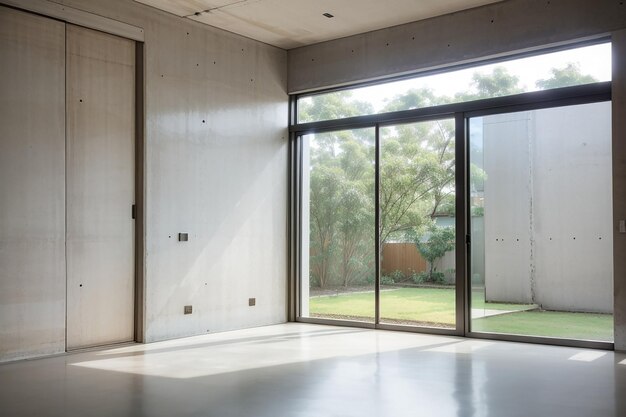 写真 コンクリートの壁のガラスのドアと窓のフレームの空の部屋