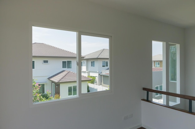 Empty room with glass window frame house interior on concrete wall