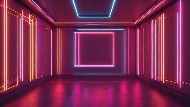 Empty room with glowing lines interior background with glowing lines neon lights 3d rendering