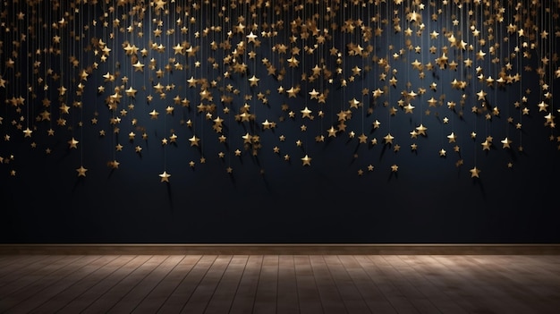 Empty room with gold stars on night wall