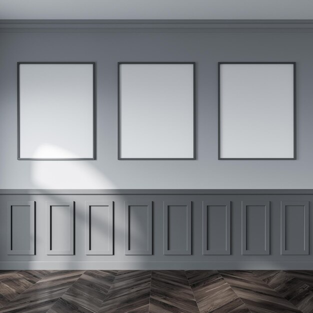 Photo empty room with gray and dark gray walls, a dark wooden floor and a framed mock up poster gallery. concept of advertisement. 3d rendering