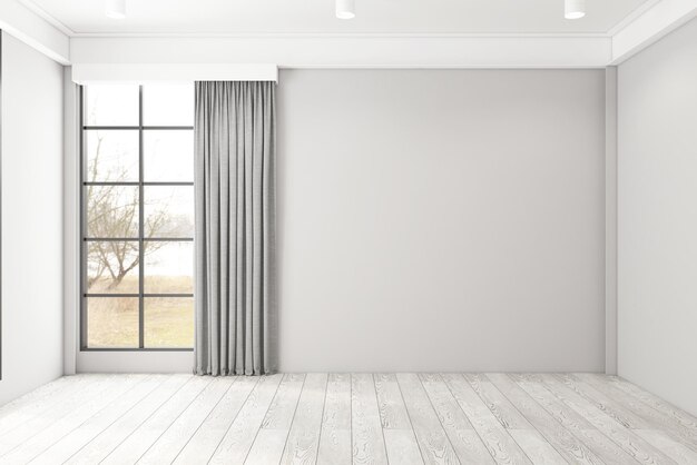 Empty room with gray wall and wood floor 3d rendering