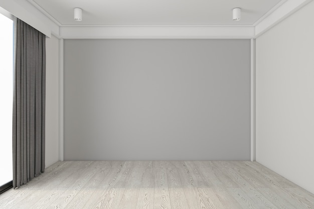 灰色の壁と木製の床のある空の部屋灰色のカーテン3Dレンダリング