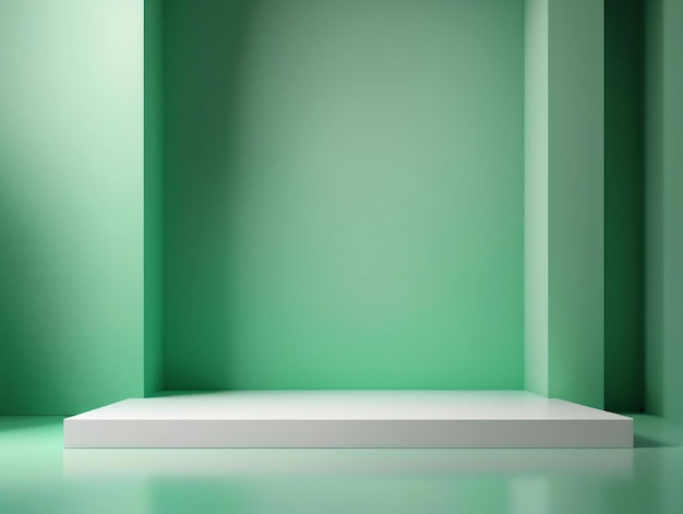 An Empty Room With Green Walls And A White Platform