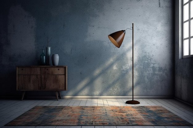 an empty room with a lamp and a rug in the style of light indigo and dark gray concrete background
