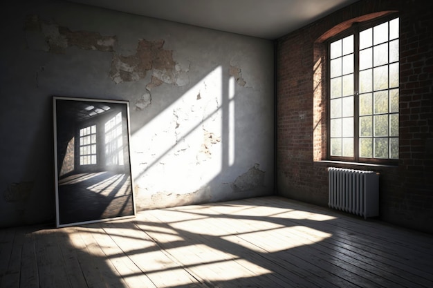 an empty room with a large window and brick wall in the style of realistic depiction of light