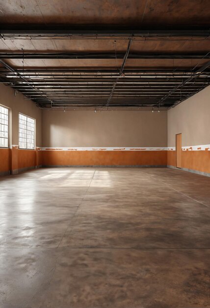 an empty room with a large window and a concrete floor