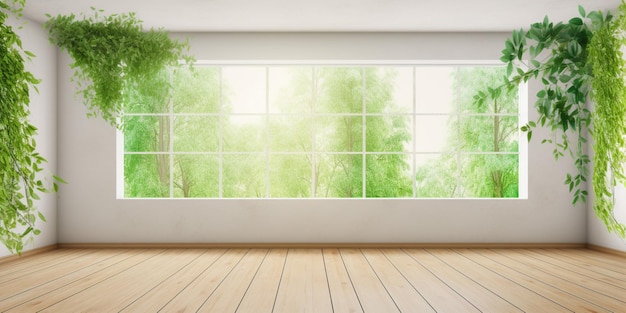 Empty room with a large window and green plants