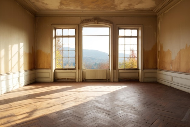 Empty room with a large window and natural light created with generative ai