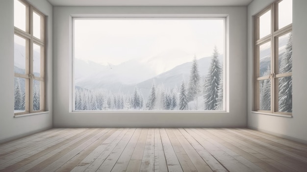 눈 덮인 산이 내려다보이는 커다란 창문이 있는 빈 방 생성 AI