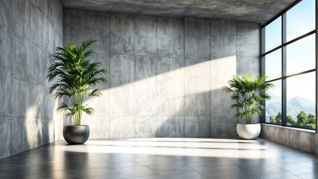 Empty room with a large window and a plant interior background