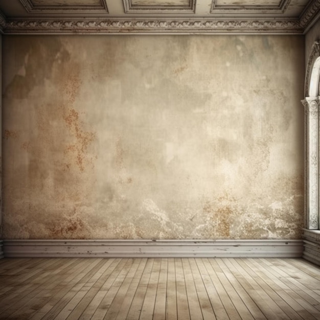 An empty room with a large window and a wooden floor.