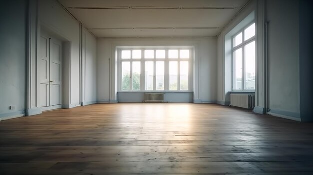 Photo empty room with large windows and wooden floor