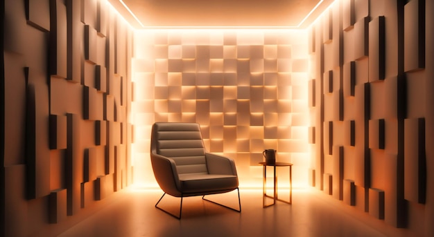 An empty room with lighting on a white chair