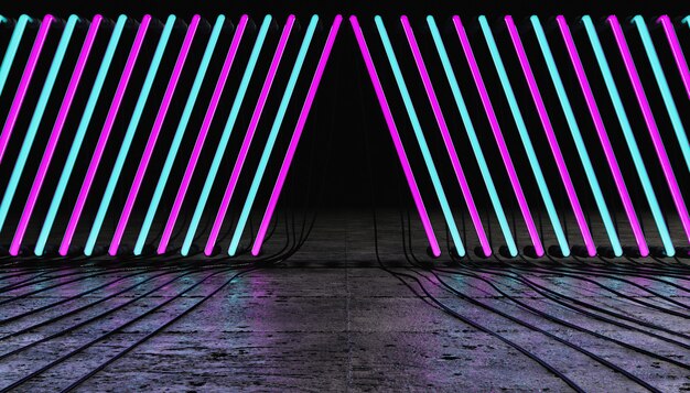 Empty room with a line of pink and blue neon lamps with wires\
on the floor