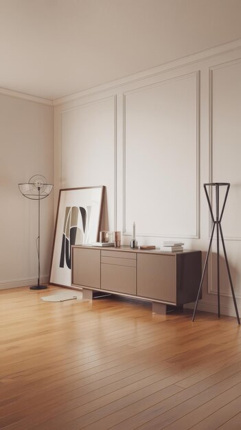 empty room with minimal interior design sideboard and picture frame floor lamp 3d rendering